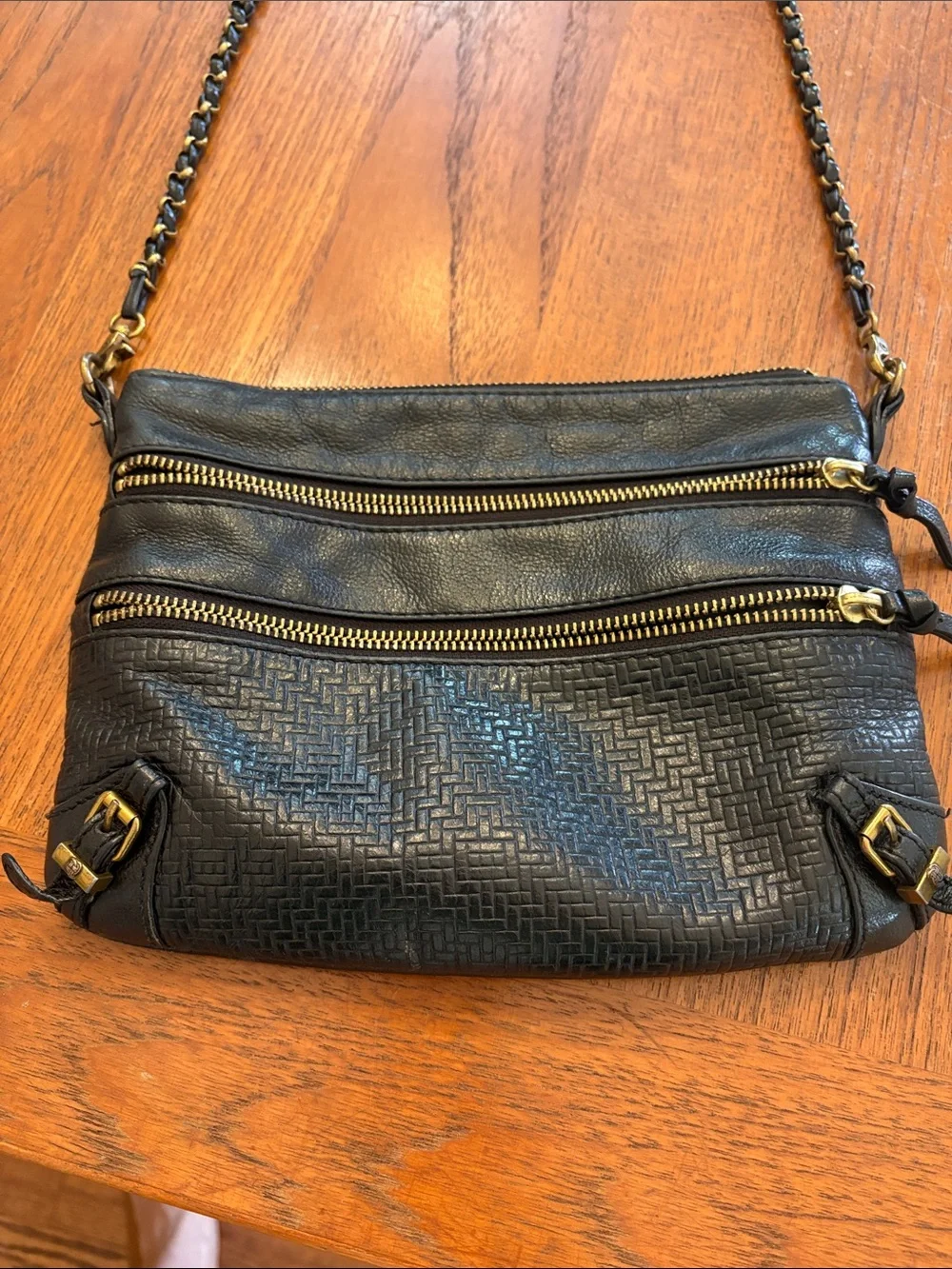 Elliott Lucca Black Leather Crossbody Bag with Gold Hardware
